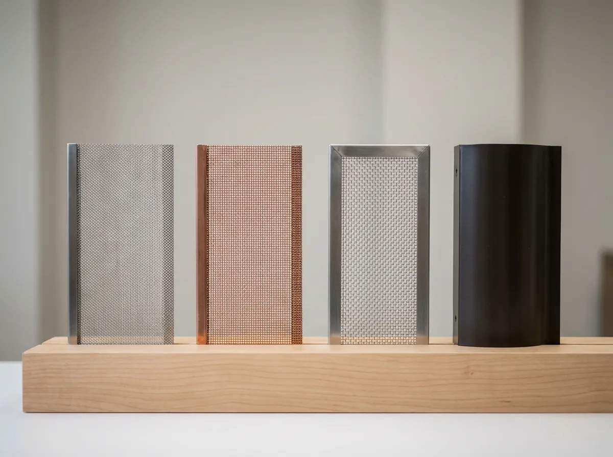 Gutter guard brand samples displayed side by side, micro-mesh and reverse curve products
