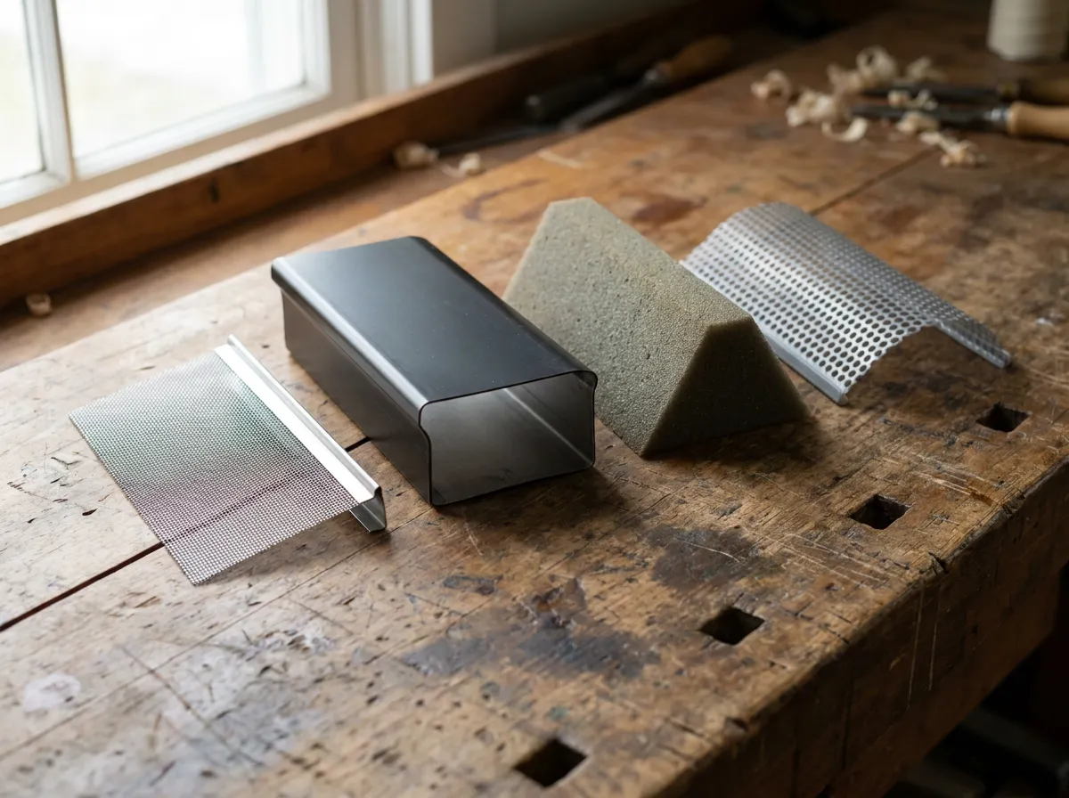 Four gutter guard types laid out side by side for comparison, micro-mesh, reverse curve, foam, and screen