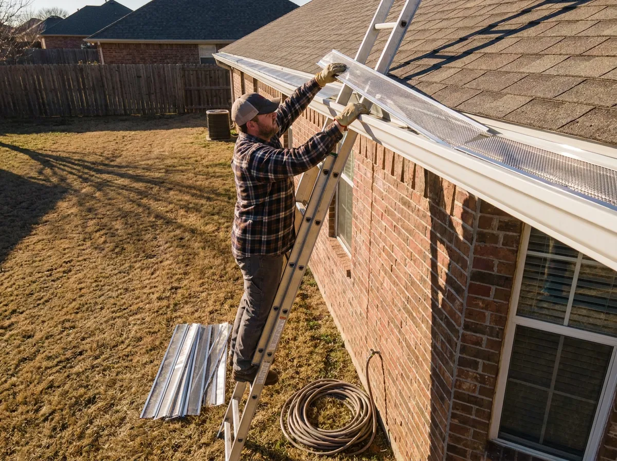 Hidden-hanger micro-mesh gutter guard install in progress on a two-story home