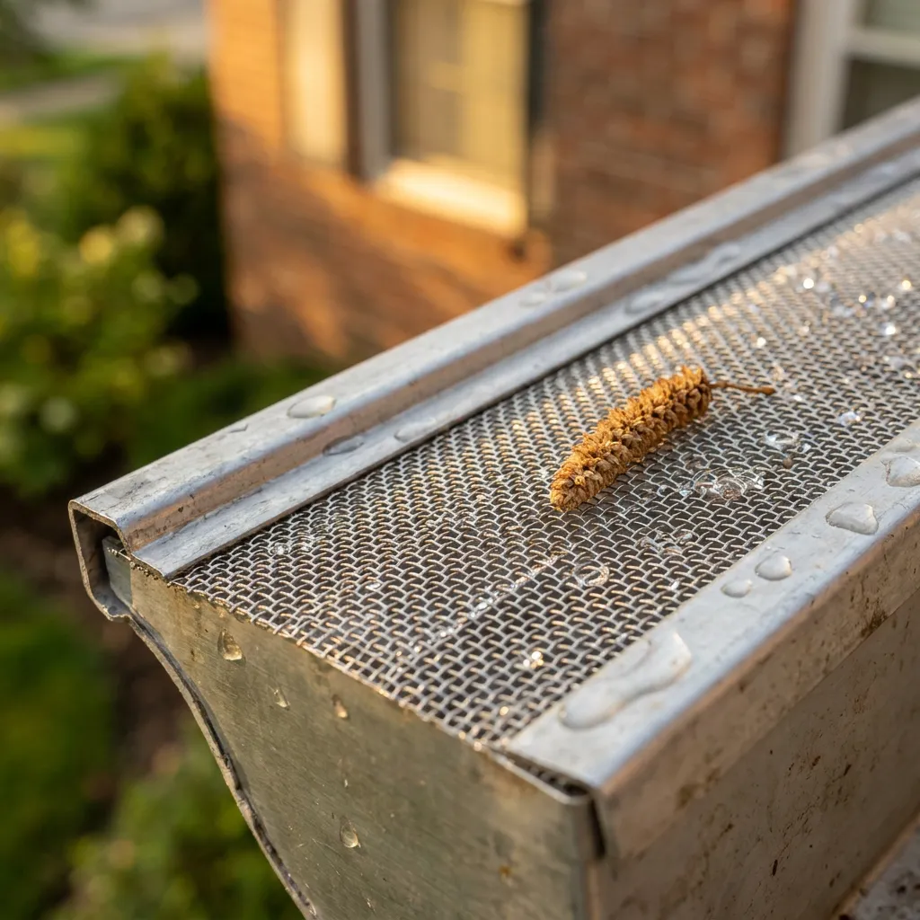 Stainless steel micro-mesh gutter guard closeup on a North Texas home