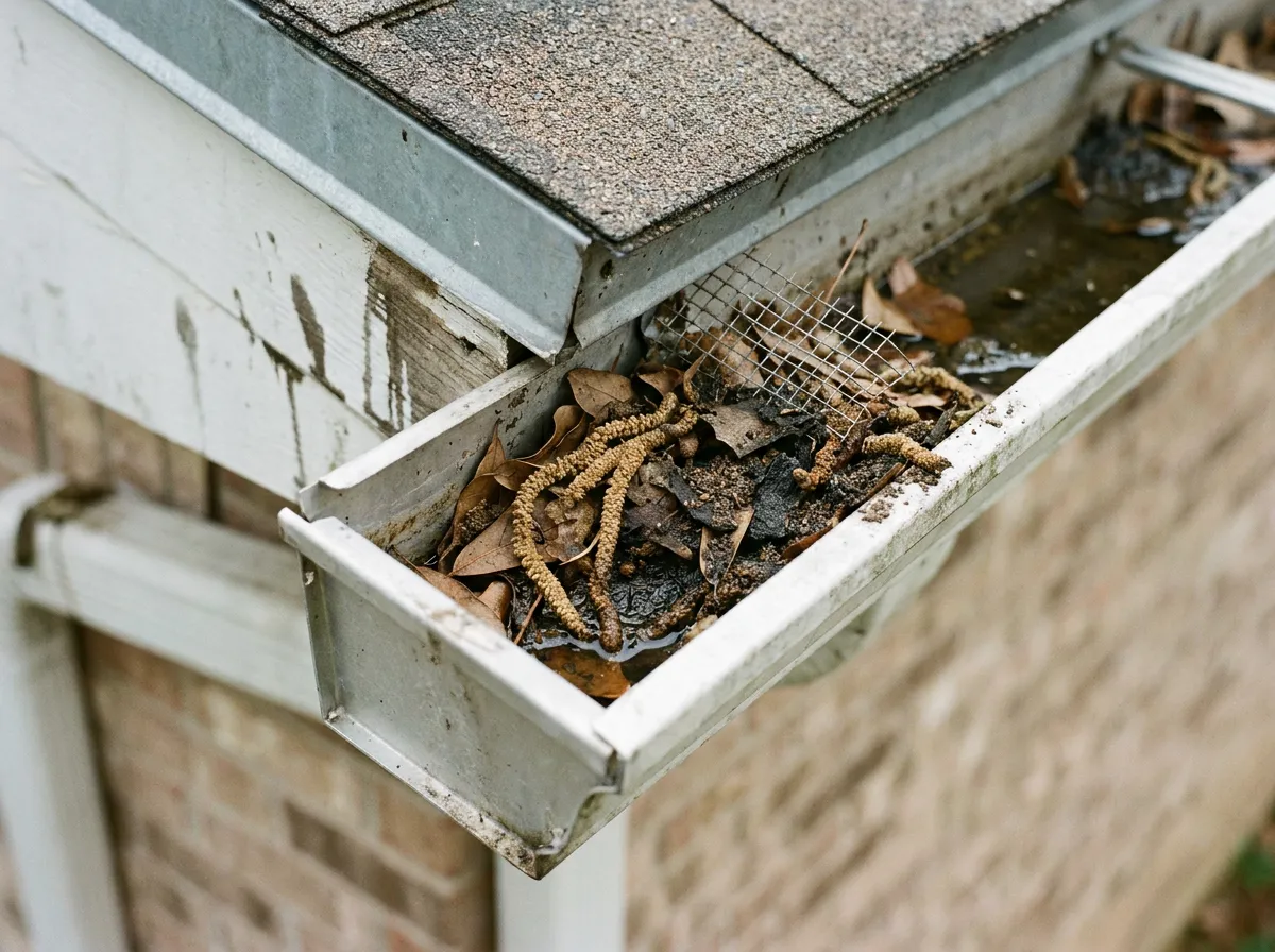 Oak catkins and leaf debris packed into an unprotected gutter on a North Texas home