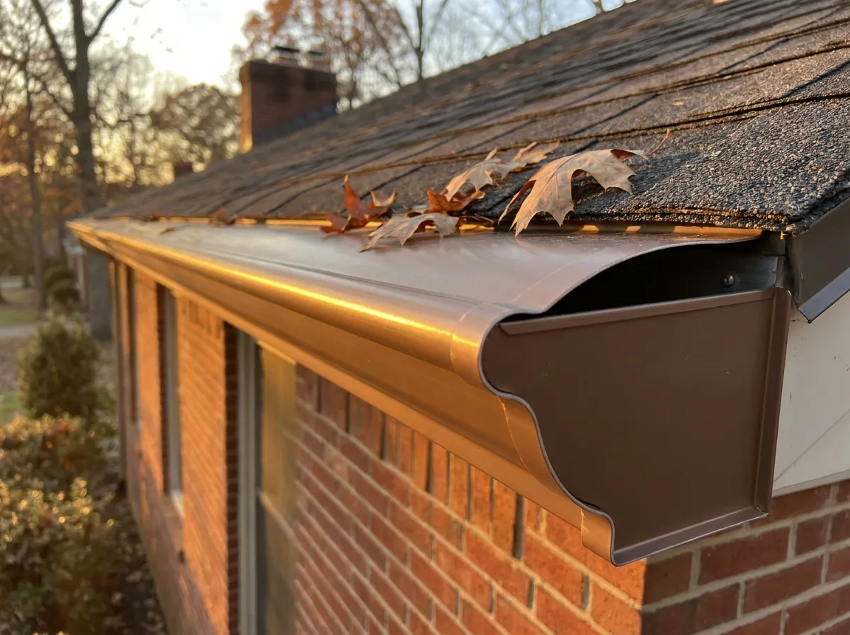 Reverse curve gutter guard detail installed on a North Texas home with light leaf load