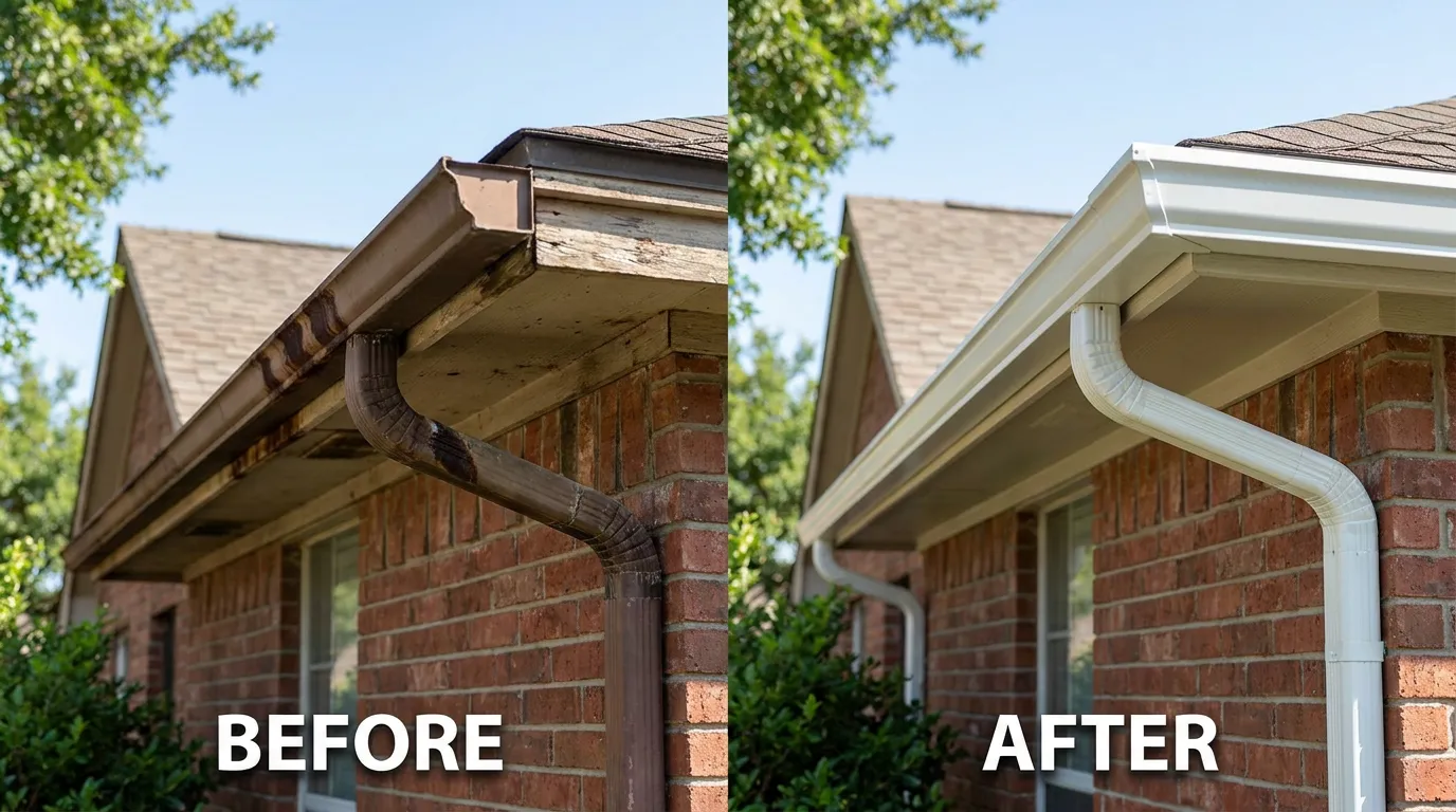 Before and after comparison of a gutter replacement on a North Texas home