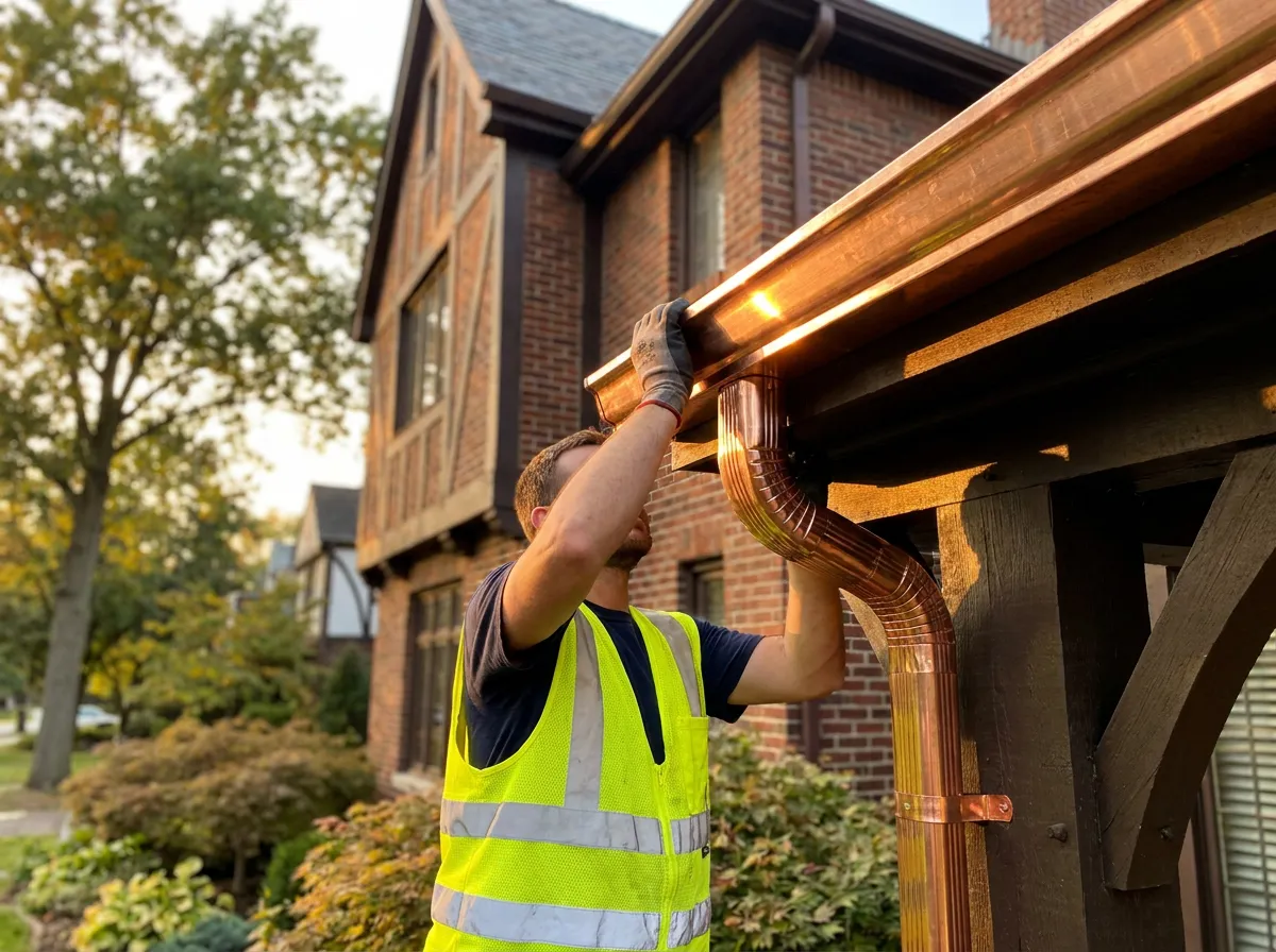 Copper gutter and downspout installation on an architectural brick home
