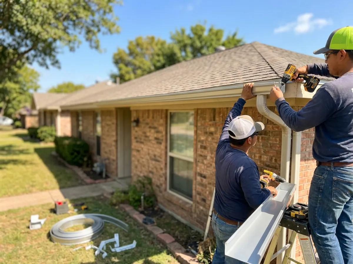 Gutter installation in progress along the eave of a suburban North Texas home