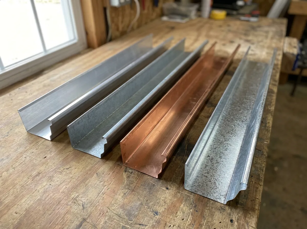 Aluminum, Galvalume, copper, and galvanized gutter material samples laid side by side