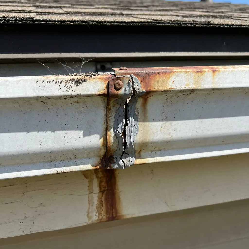 Close-up of a rusted seam separation on an aging aluminum gutter at a North Texas home