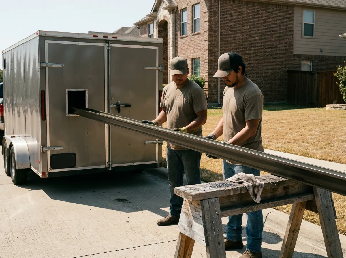 Seamless aluminum gutter being formed on site from a coil truck forming machine