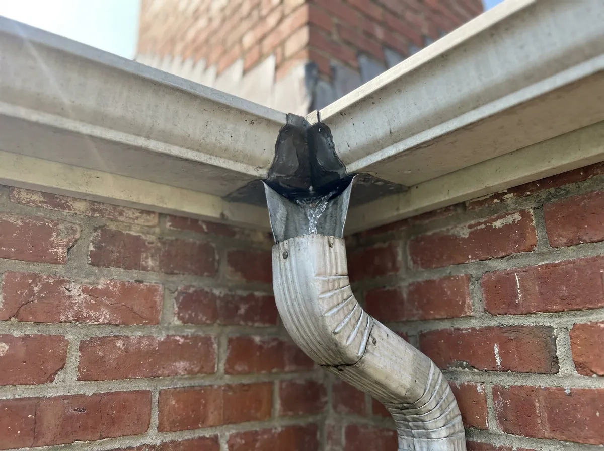 Downspout positioned at a corner concentration where two roof faces drain into the same internal corner on a North Texas home