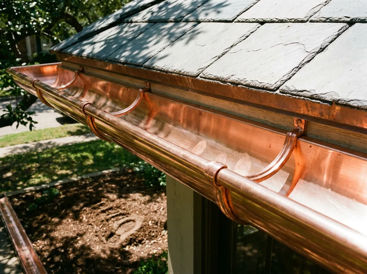 Copper half-round gutter installed along the eave of a 1930s Tudor-style home in a North Texas neighborhood
