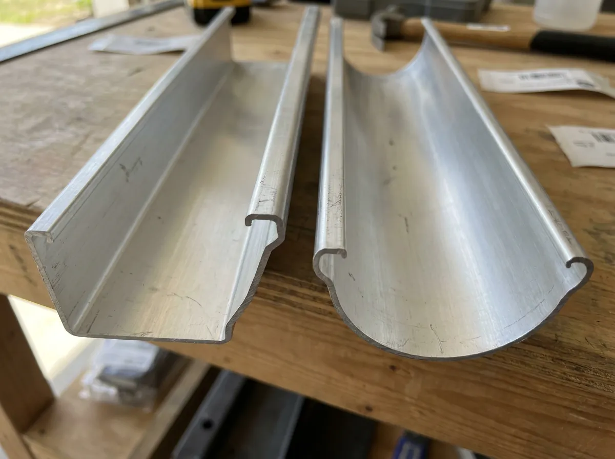 Cross-section comparison of a K-style gutter profile beside a half-round gutter profile