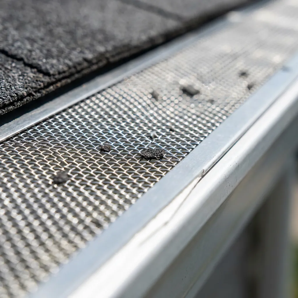 Stainless micro-mesh gutter guard installed over a 6-inch K-style aluminum gutter run
