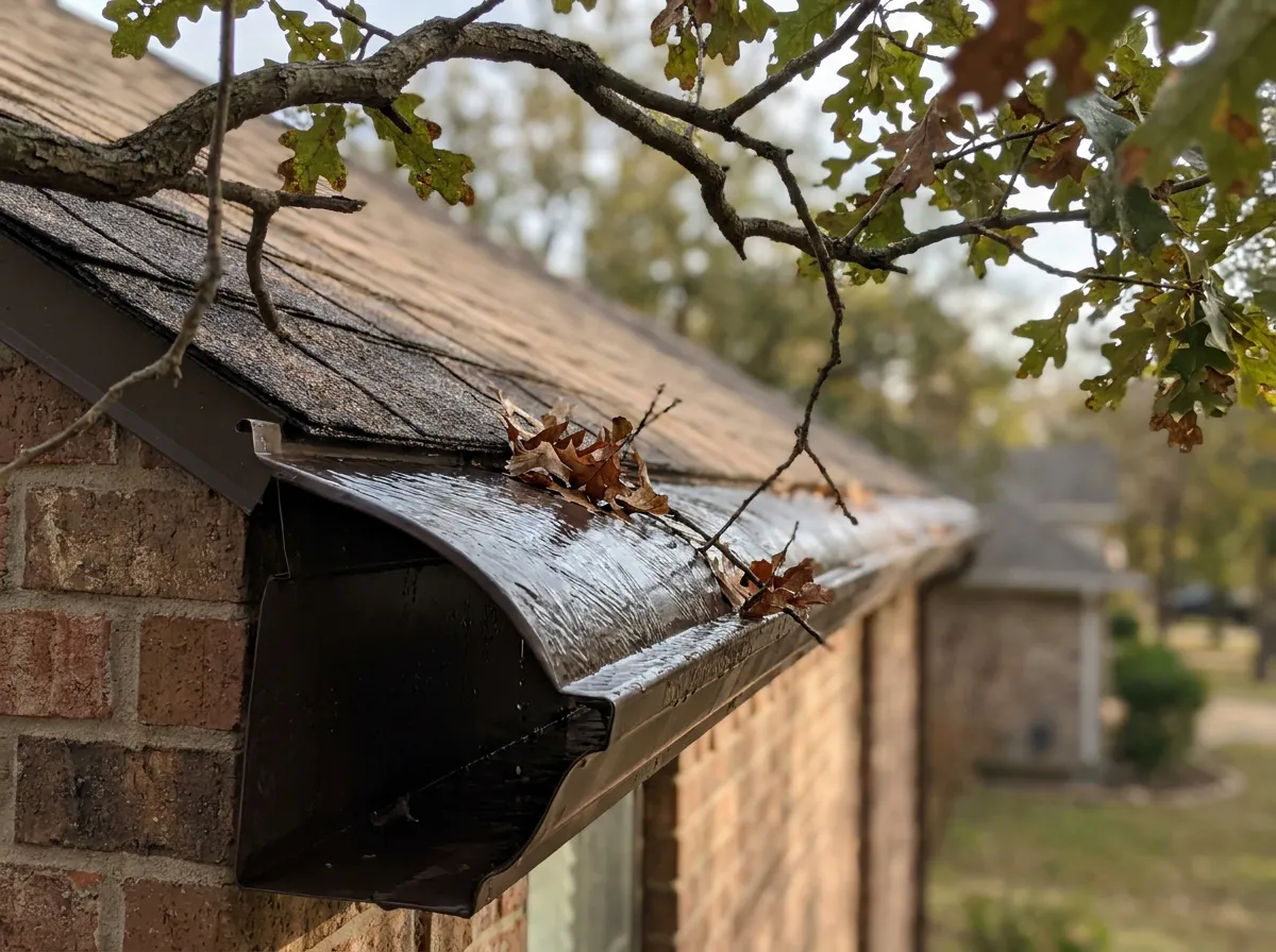 Reverse-curve gutter guard installed along the eave of a suburban home surrounded by mature oak trees
