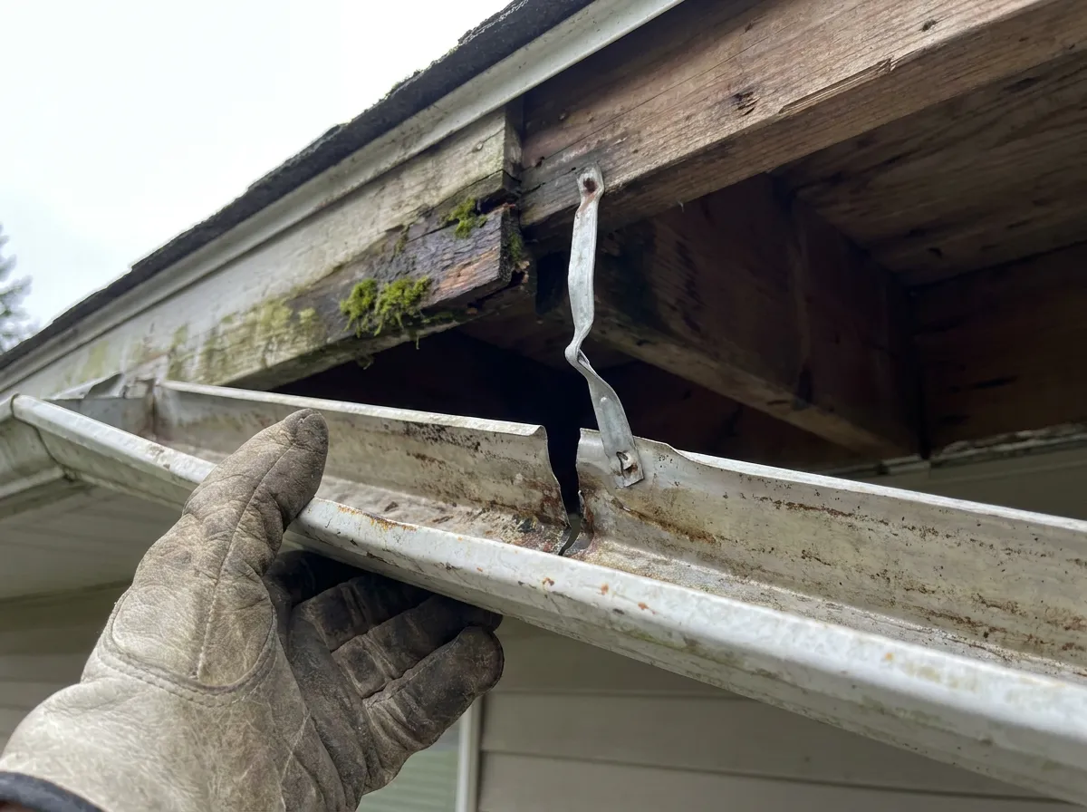 Sagging sectional aluminum gutter pulling away from rotted fascia during a tear-off on a North Texas home