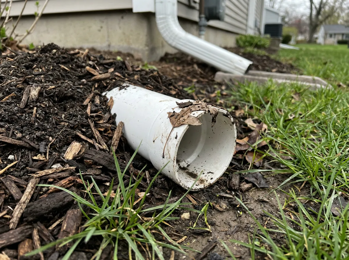 Underground PVC downspout extension daylighted at a low point in a sloped yard to move water away from the foundation