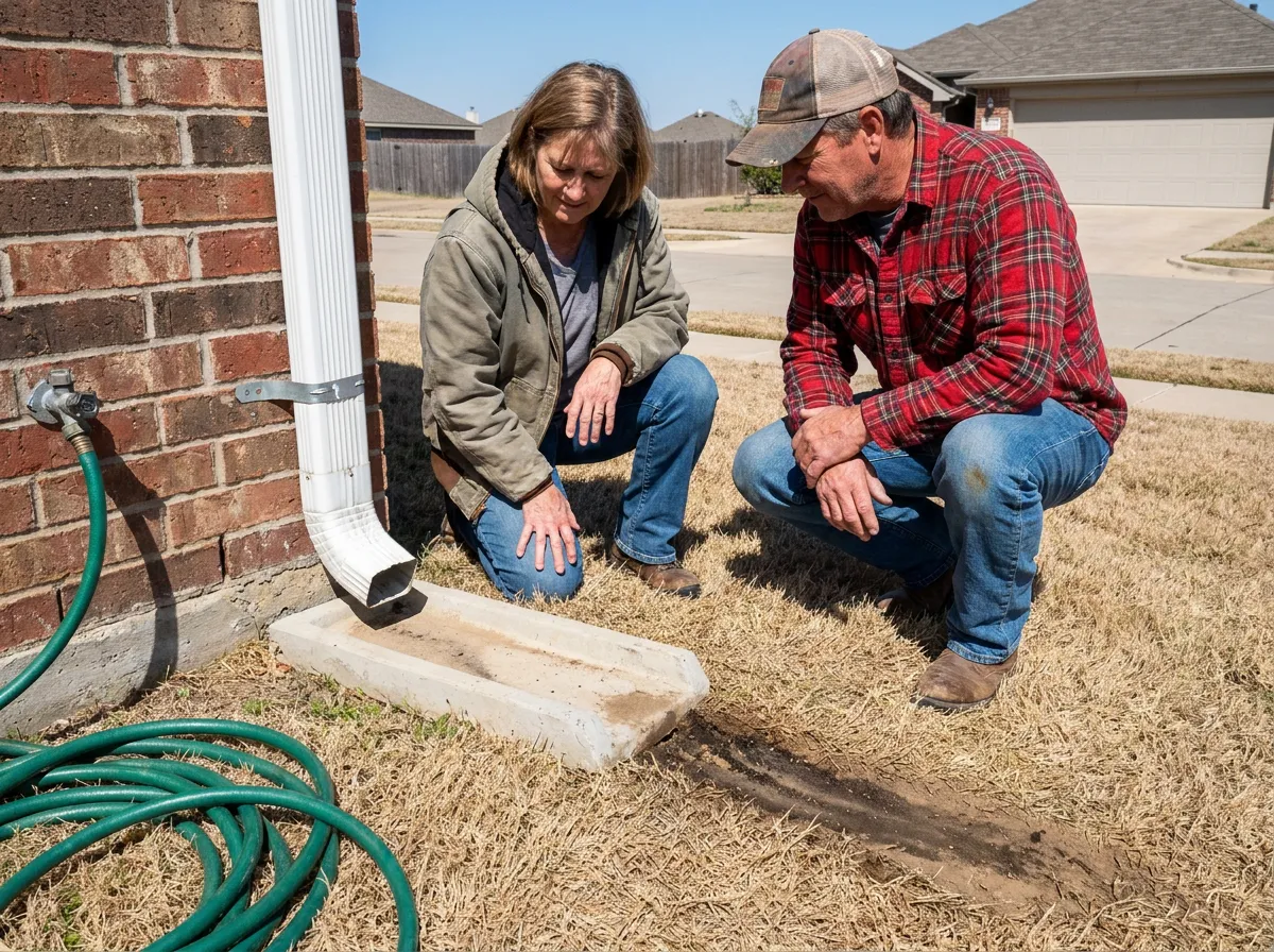 A roofer pointing out a downspout discharge point to a homeowner beside a finished gutter install on a suburban home