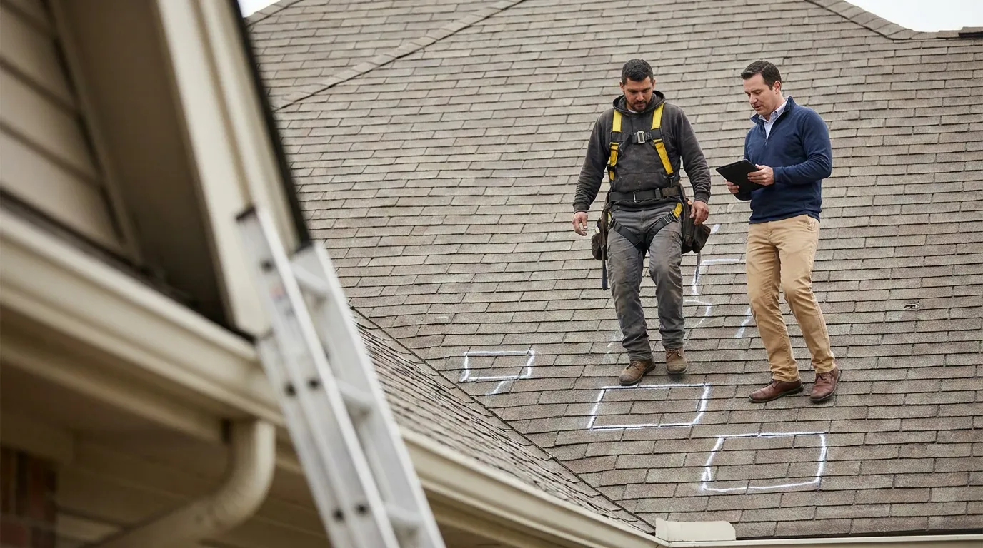 A roofer and an insurance adjuster walking a residential roof slope with chalk-marked test squares