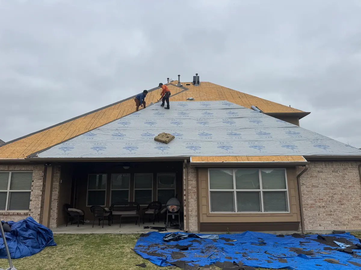 Roof Raiders crew laying synthetic underlayment over fresh decking during a hail claim re-roof on a North Texas home, with tarps protecting the yard below