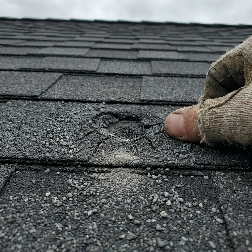 Fractured asphalt shingle with a crisp star crack through the mat from a hard hail hit