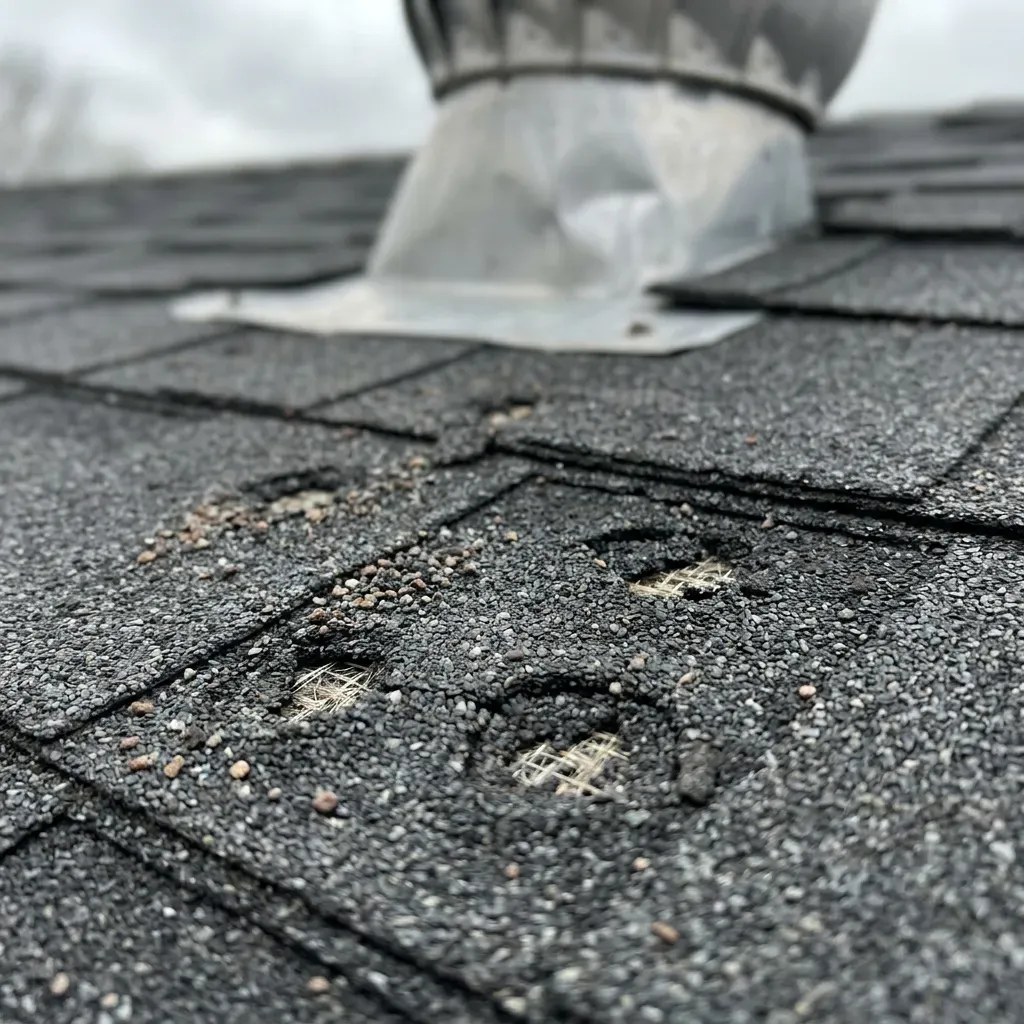 Hail impacts exposing fiberglass mat on damaged shingles