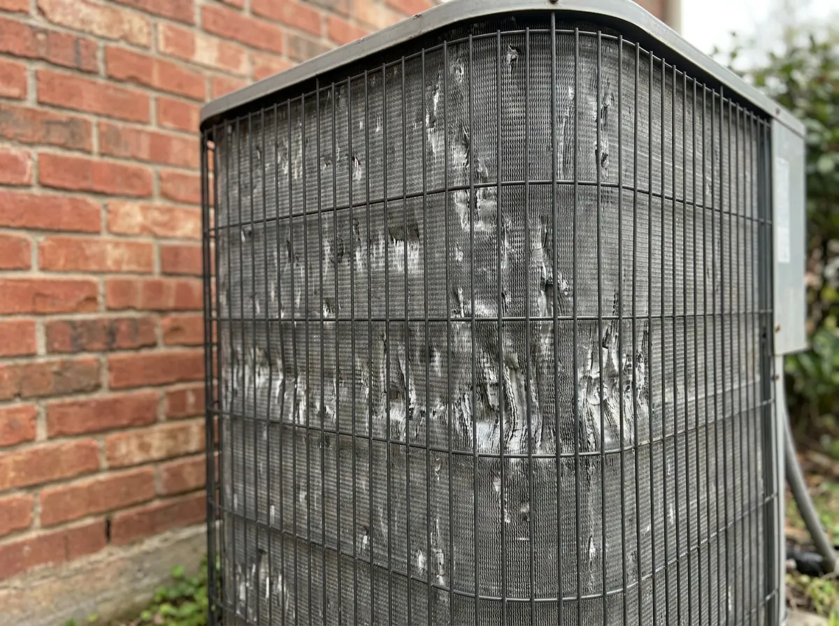 Hail dents on the aluminum condenser fins of an outdoor AC unit as collateral storm damage