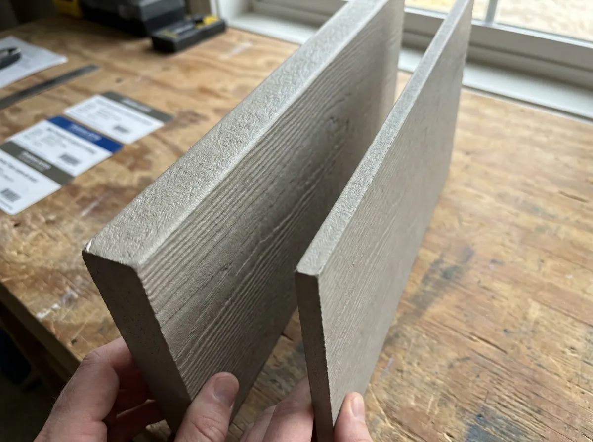 Two fiber cement siding sample boards shown edge-on for a thickness comparison, premium thicker lap beside standard lap