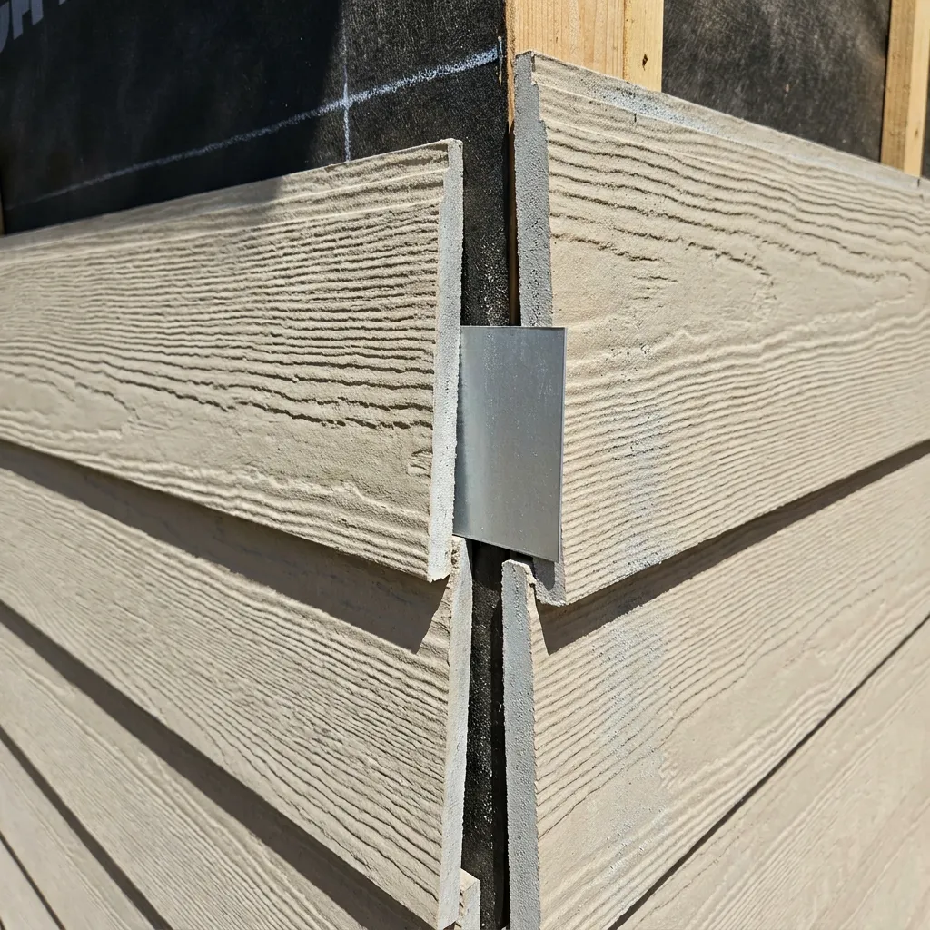 Close-up of a fiber cement siding butt joint with a small gap, sealant, and flashing behind per manufacturer spec