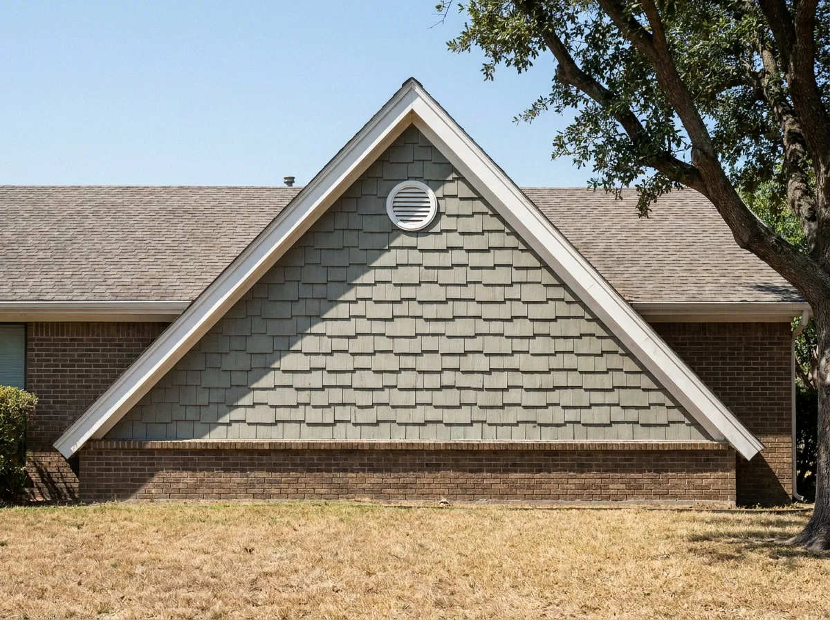 Cedar-look fiber cement shingle siding on a gable in a warm khaki brown finish on a North Texas home