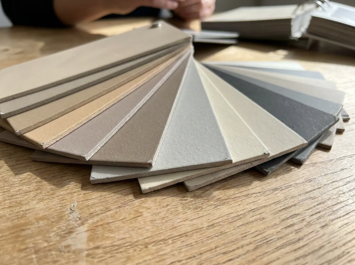 Fanned-out factory-finish fiber cement color sample chips in a range of neutral exterior tones