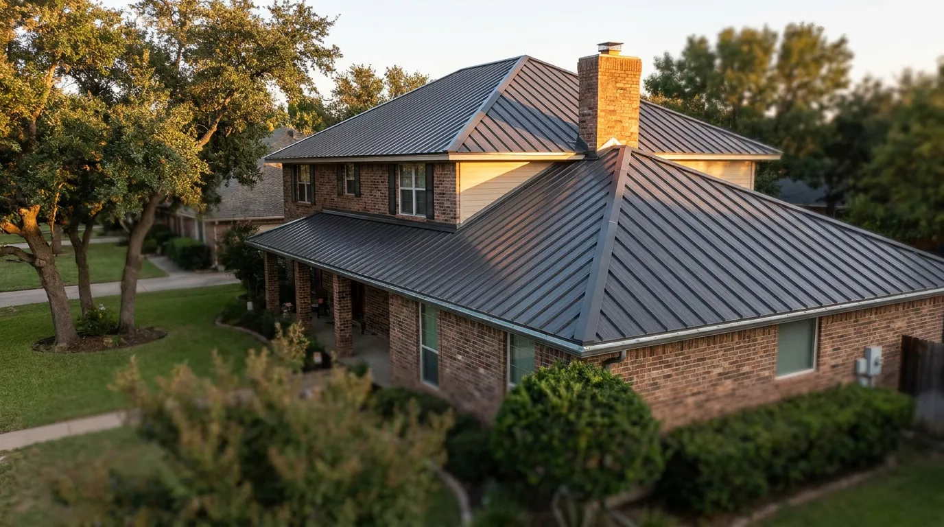 Before and after comparison of a worn shingle roof replaced with a new standing seam metal roof on a North Texas home