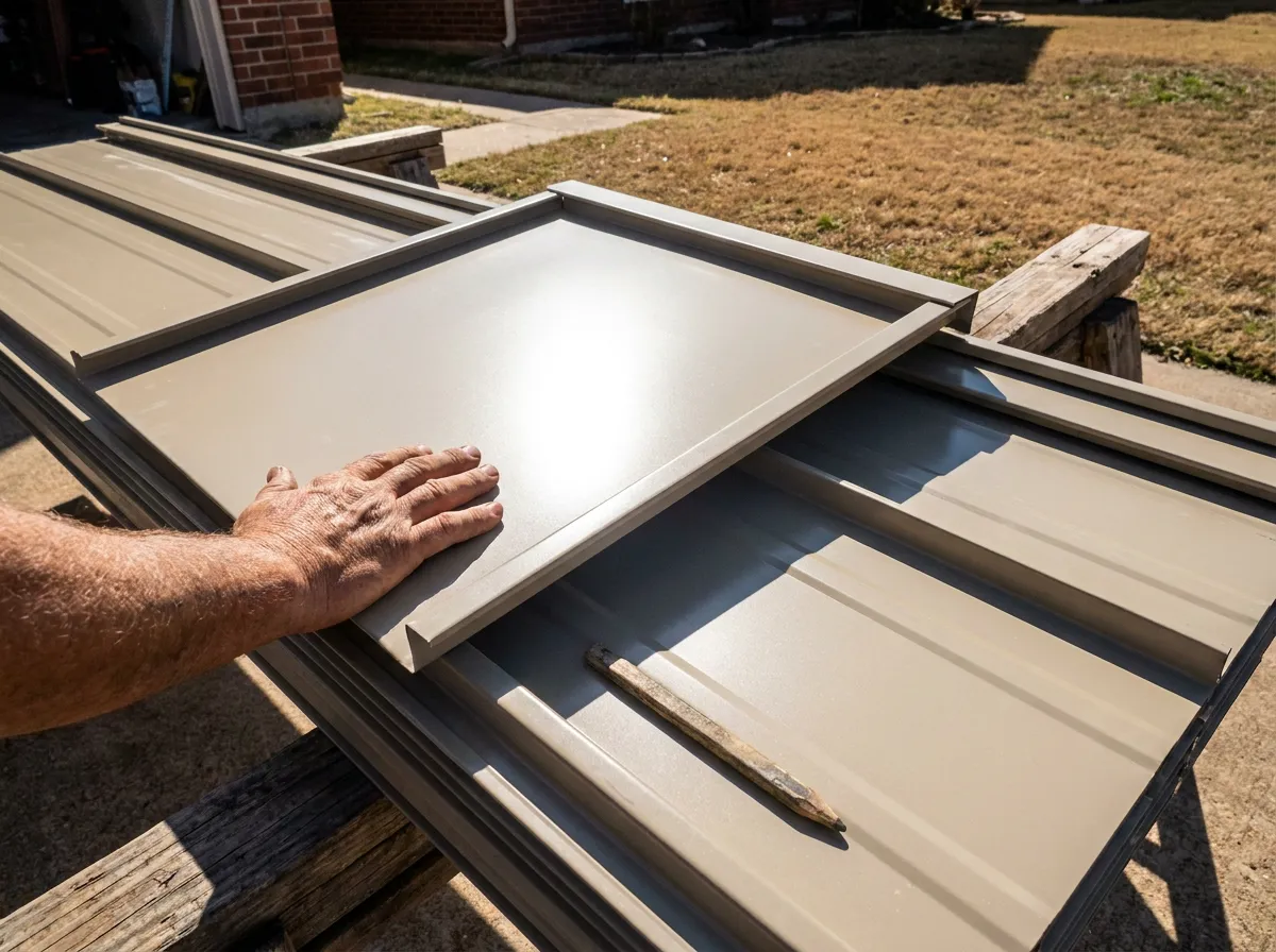 Cool-roof rated metal panel sample with a reflectance spec label, illustrating Solar Reflectance Index