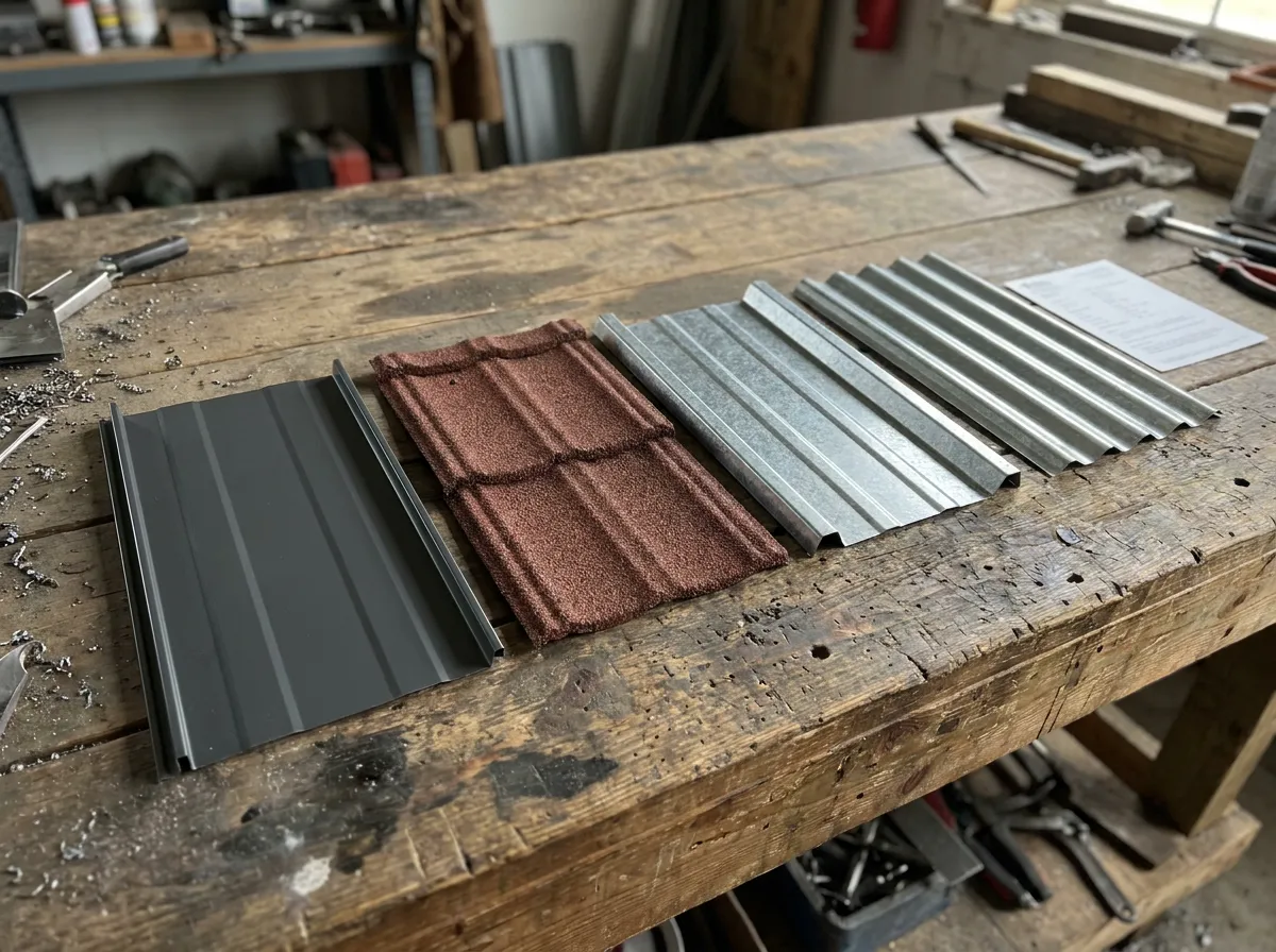 Four metal roof panel samples shown side by side: standing seam, stone-coated steel, R-panel, and corrugated