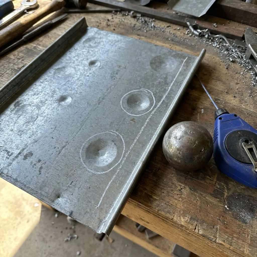 Metal roof panel sample showing dents from a hail impact test used to demonstrate impact rating