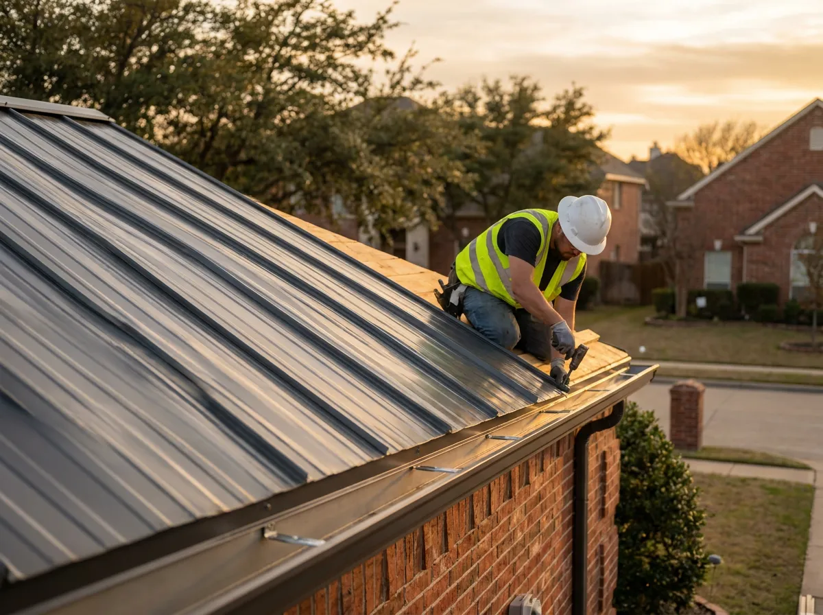 Standing seam metal roof installation in progress on a North Texas home