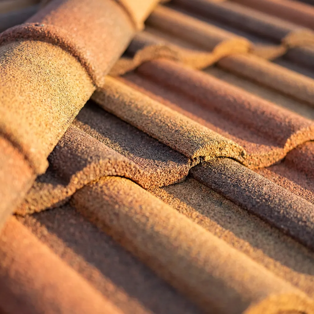 Close-up of stone-coated steel roof panels with textured granule surface that reads as shingle from the curb
