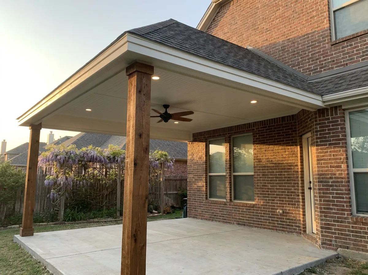 Attached solid-roof patio cover with insulated decking and matched shingle on a two-story North Texas brick home