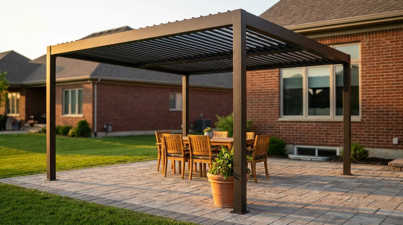 Backyard patio transformed with a new louvered pergola over a paver patio at a North Texas home
