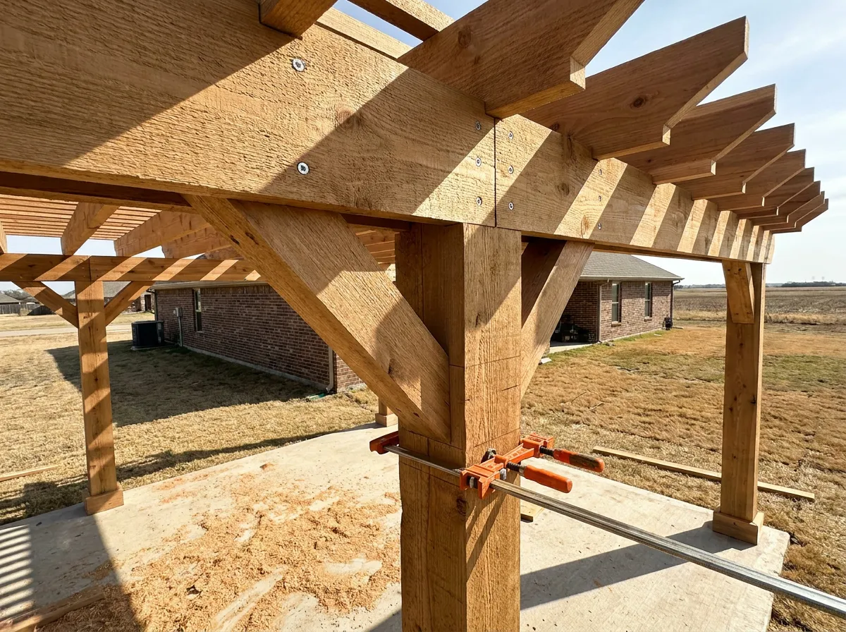 Cedar pergola detail showing 2x10 beams and a slatted top against a clear sky over a backyard