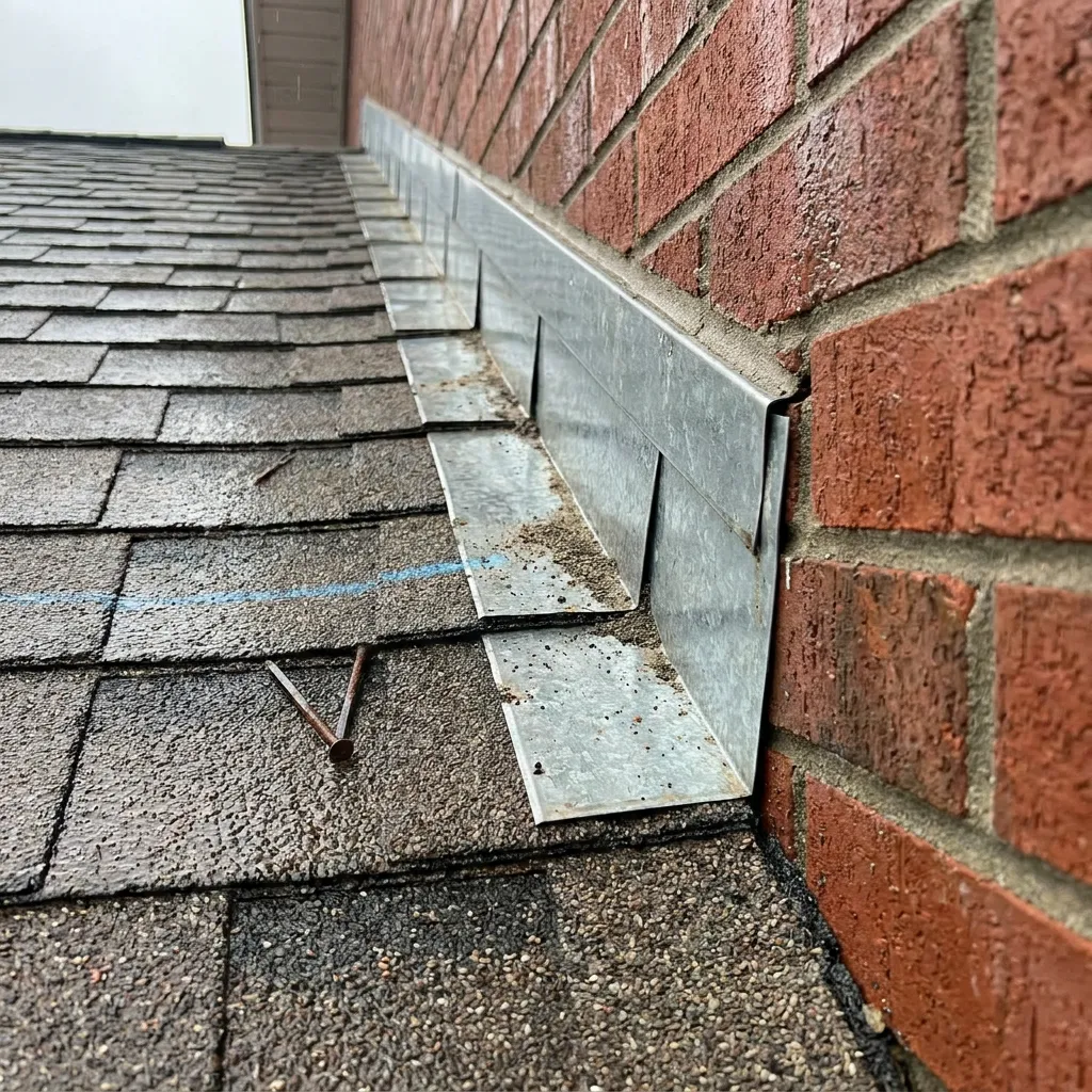 Ledger board with step flashing woven under existing shingles where an attached patio cover roof meets the house