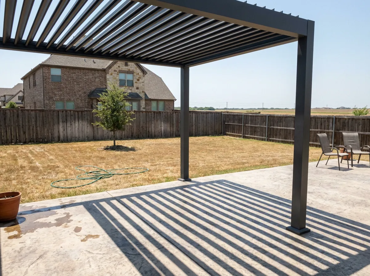 Motorized louvered aluminum pergola with louvers half open over a backyard patio at a North Texas home