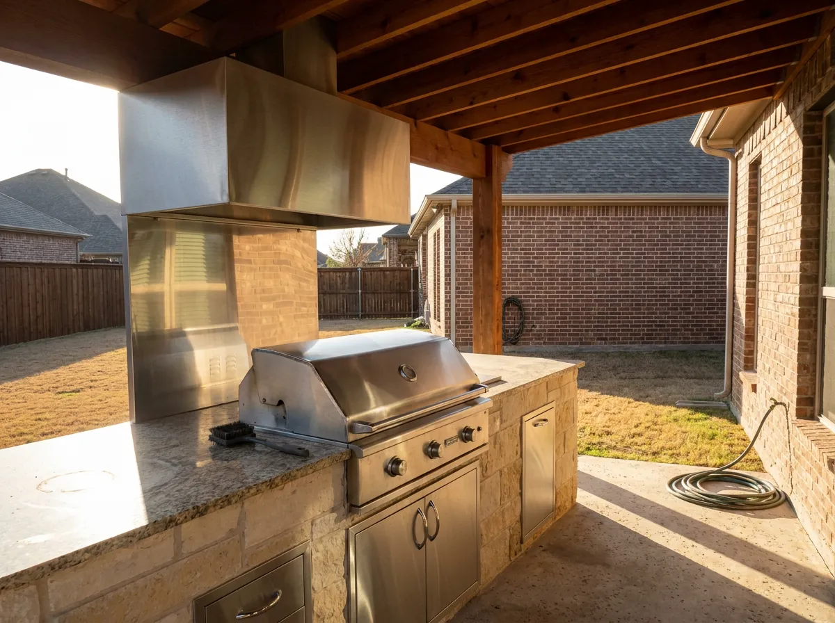 Outdoor kitchen with a built-in gas grill and pre-wired lighting integrated under a patio cover at a North Texas home