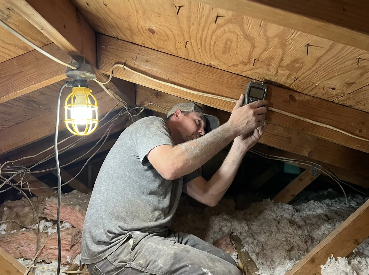 A moisture meter pressed against attic roof decking during a ventilation and moisture check