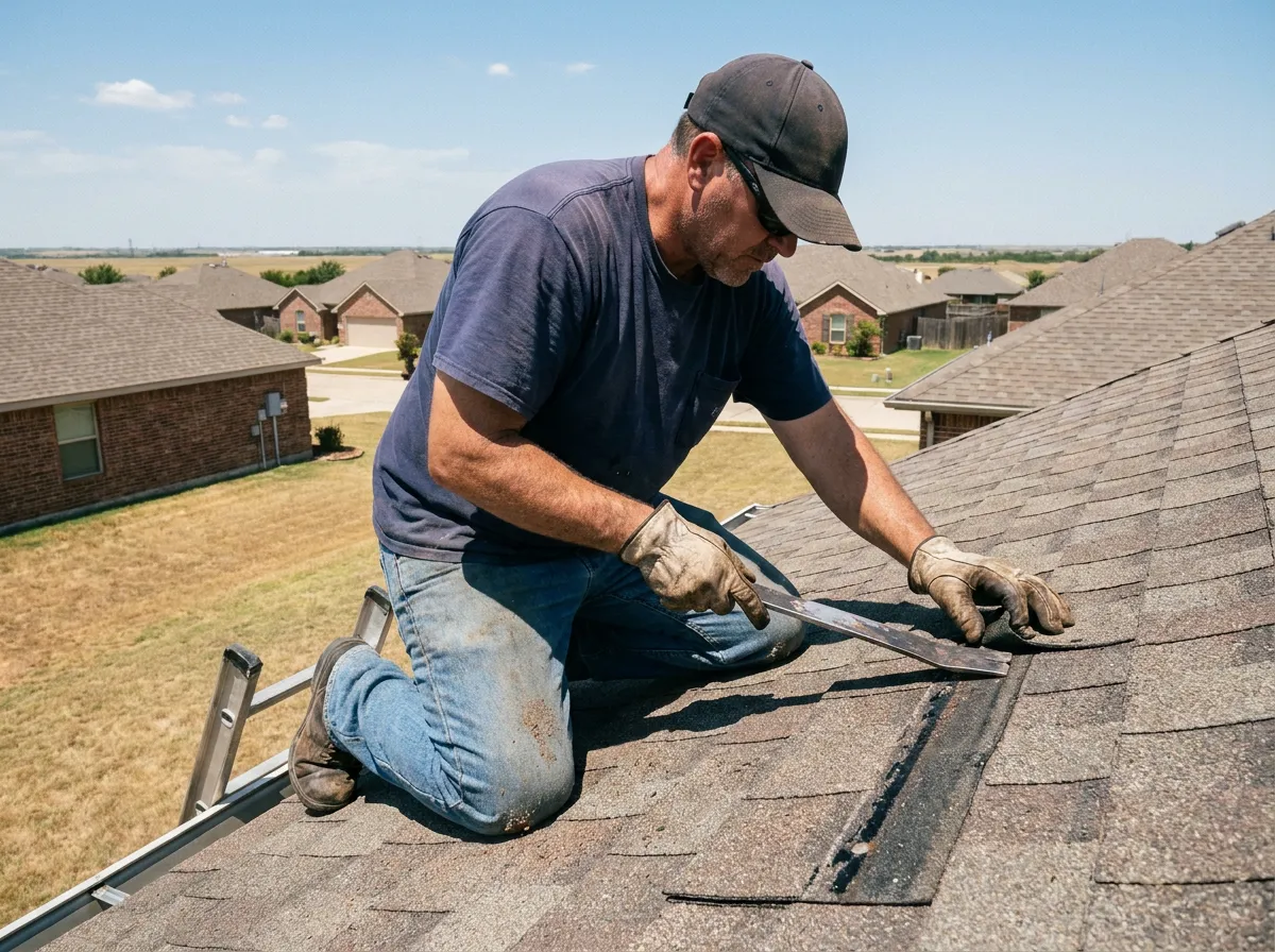 A roof inspector with a clipboard and camera documenting shingles on a suburban roof