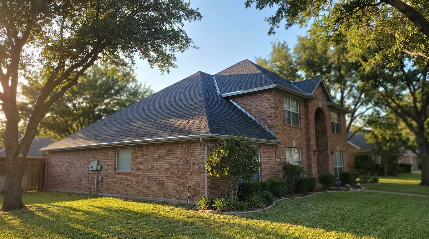Finished asphalt shingle roof replacement on a North Texas home after storm restoration