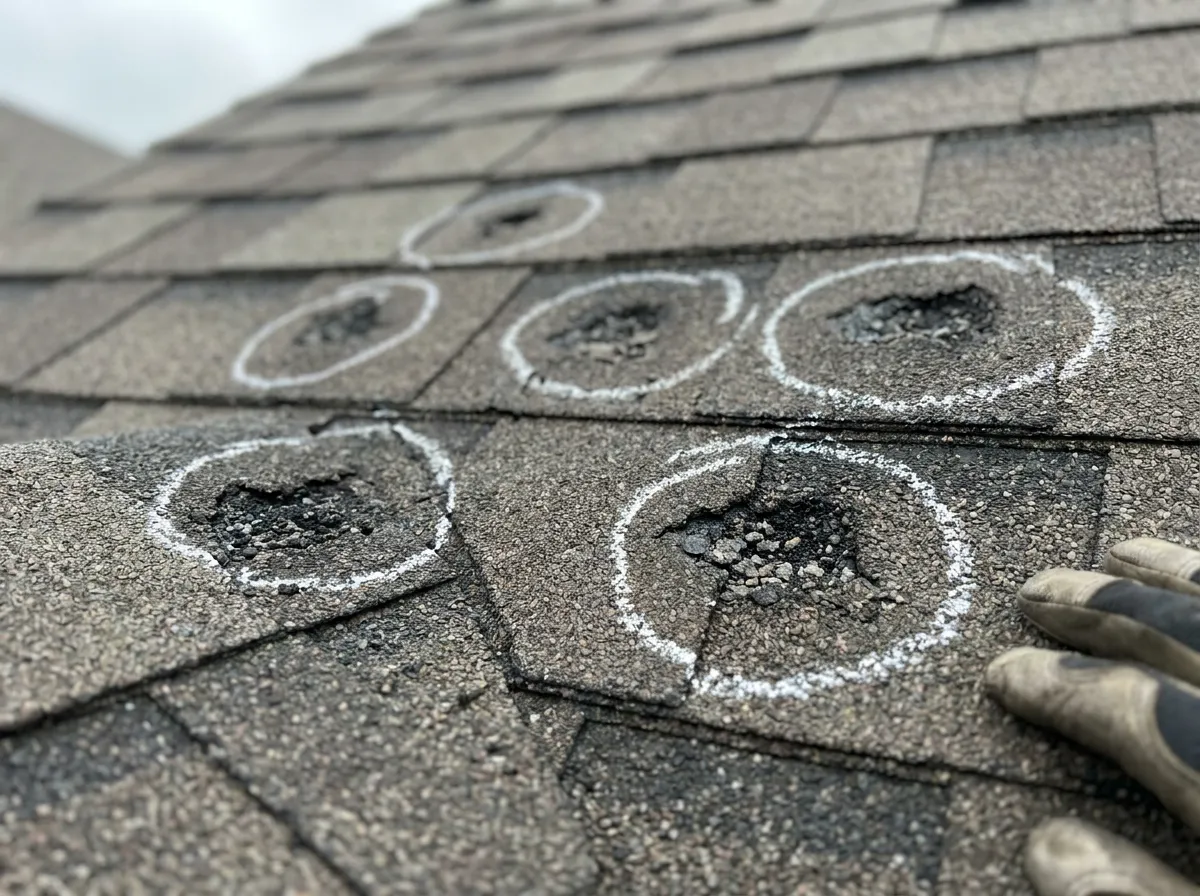 Hail strikes chalk-marked on a Dallas-area shingle roof during a free Roof Raiders inspection