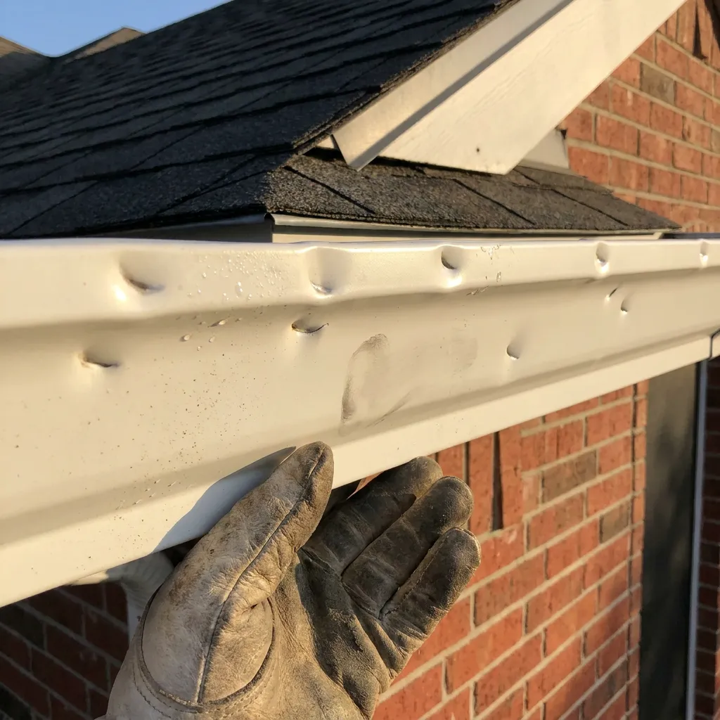 Close-up of hail dents in aluminum roof flashing documenting soft metal damage