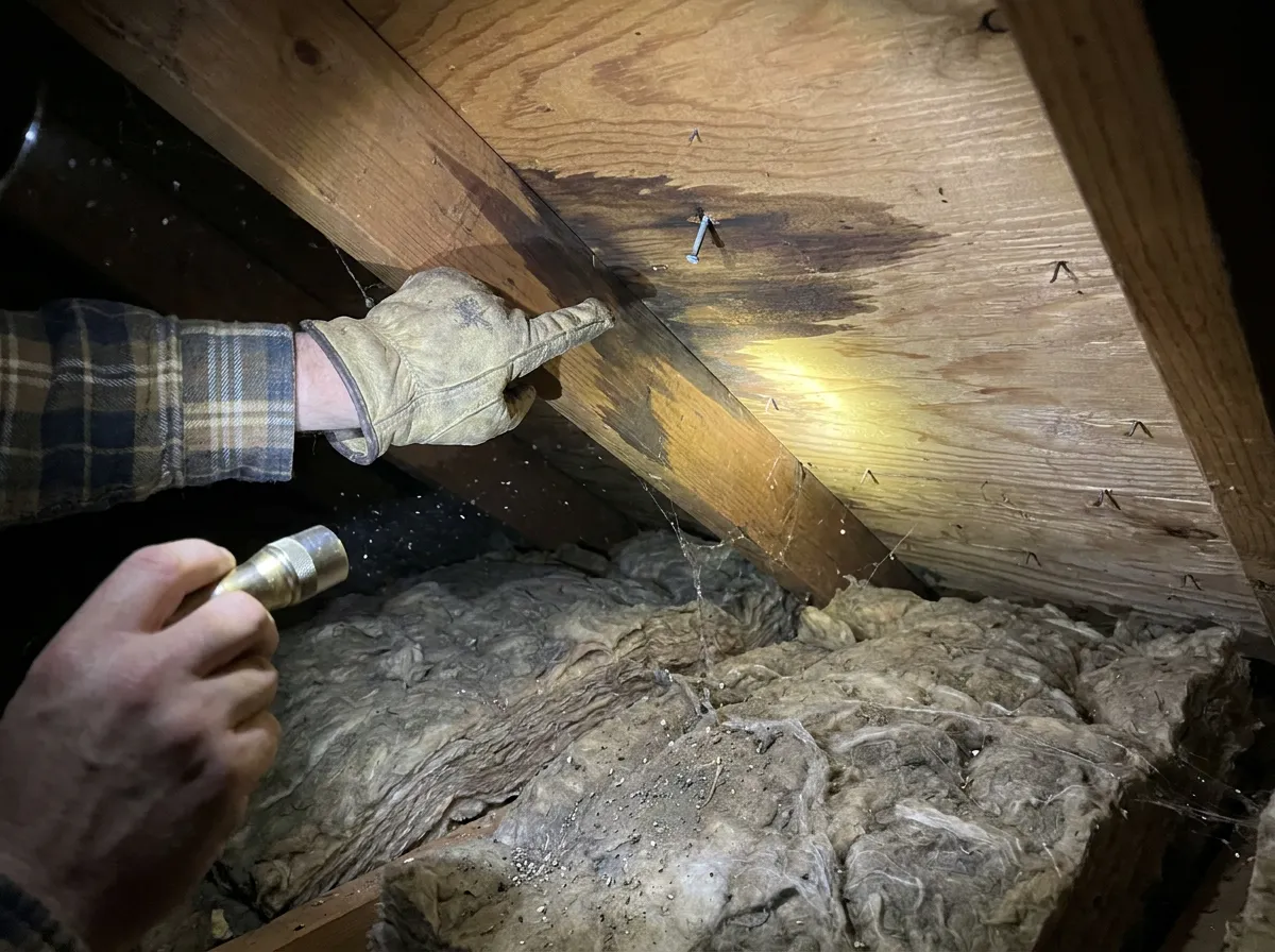 A roofer tracing moisture in a residential attic with a flashlight along the underside of the decking
