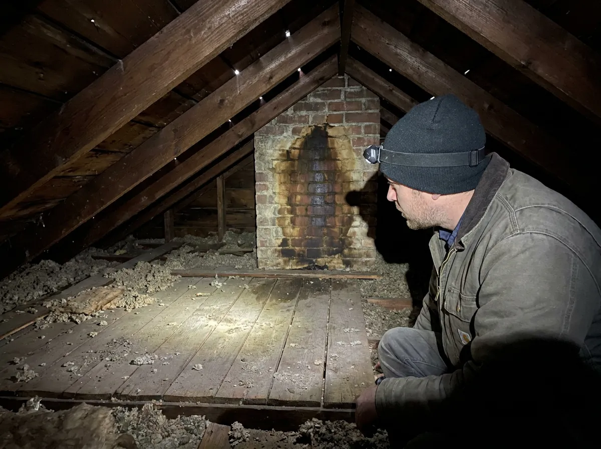A roofer using a flashlight to trace moisture along attic decking and rafters above a North Texas home