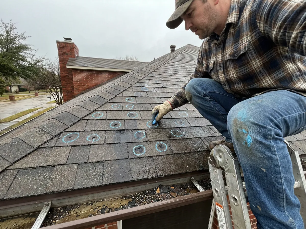 A slope-by-slope roof diagram on a tablet marking hail damage areas for insurance documentation