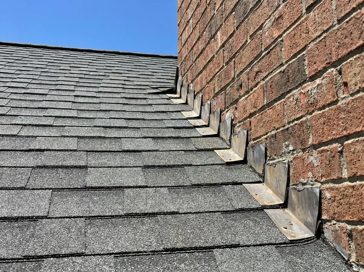 Close-up of properly installed step flashing where a brick chimney meets the shingle roof slope